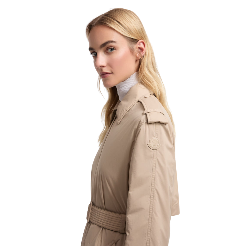 Trench-coat long MONCLER Yevre nylon duvet beige ceinture