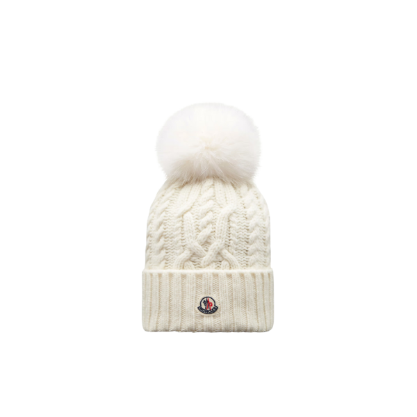 Bonnet MONCLER laine vierge cachemire torsade pompon écru