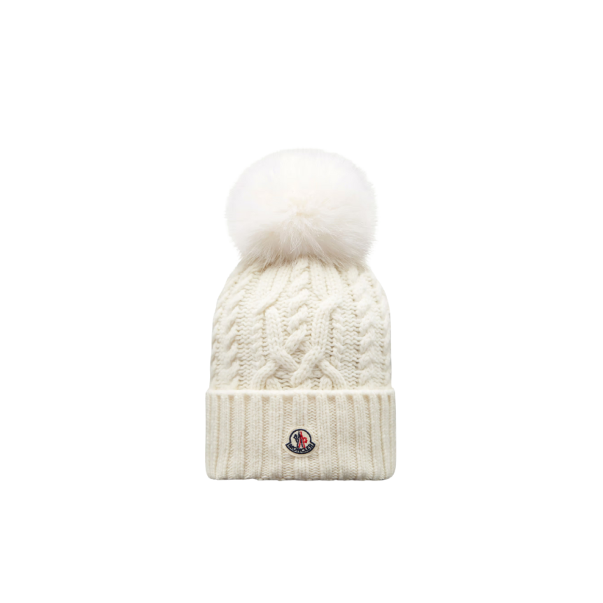 Bonnet MONCLER laine vierge cachemire torsade pompon écru