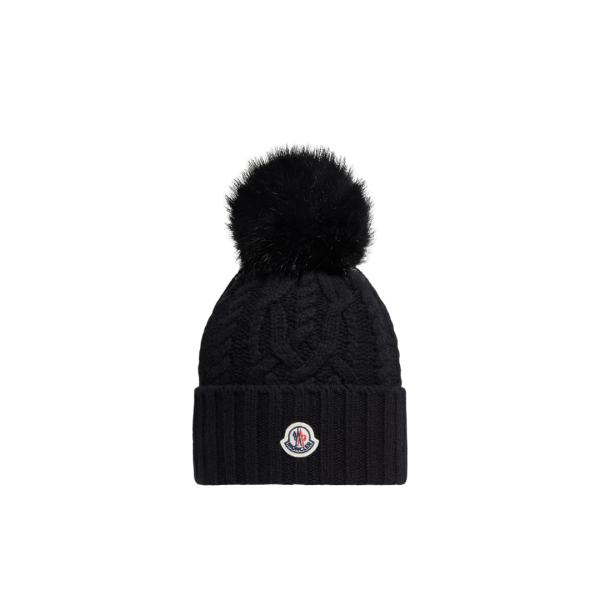 Bonnet MONCLER laine vierge cachemire torsade pompon noir