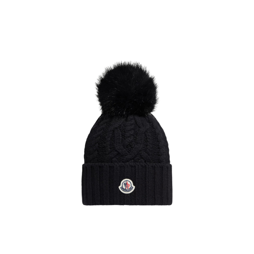 Bonnet MONCLER laine vierge cachemire torsade pompon noir
