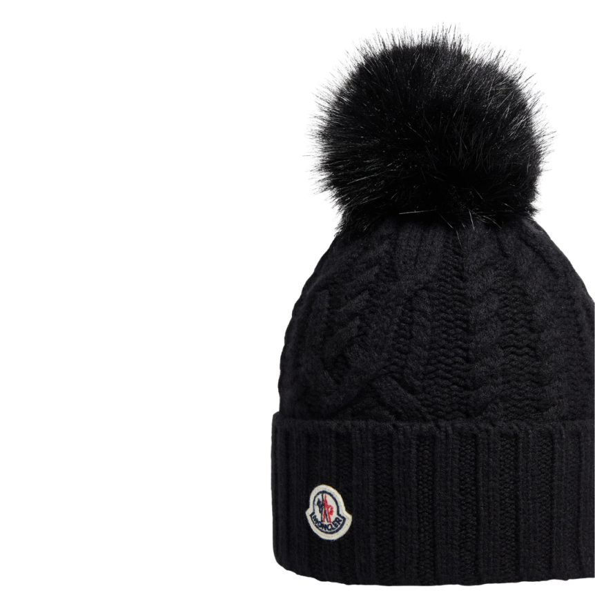 Bonnet MONCLER laine vierge cachemire torsade pompon noir