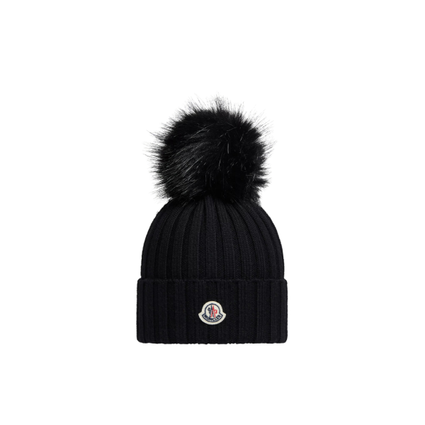 Bonnet MONCLER laine pompon synthétique noir