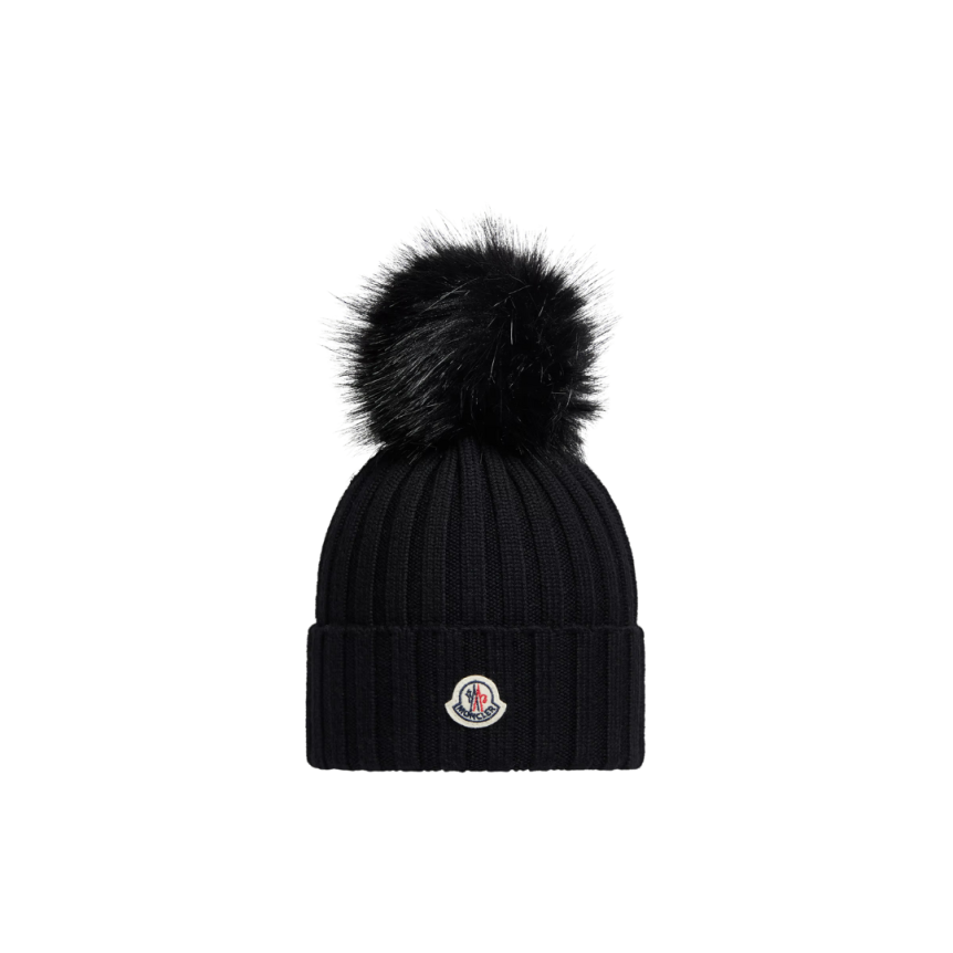 Bonnet MONCLER laine pompon synthétique noir
