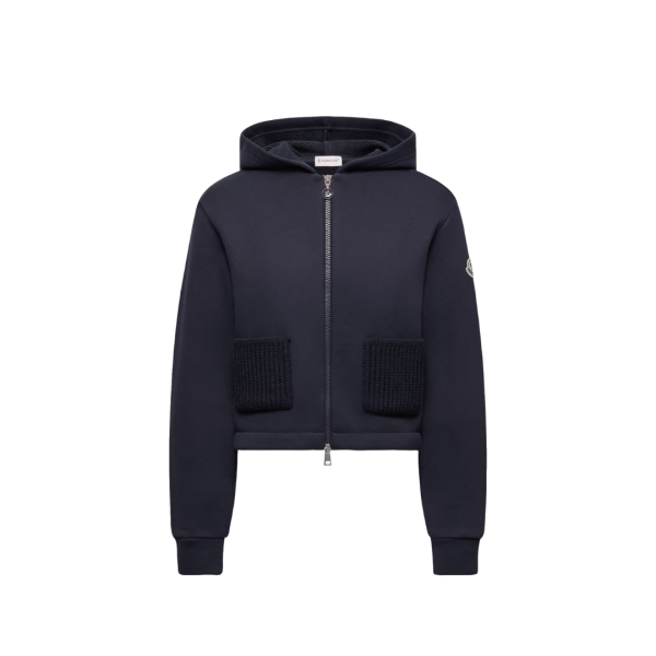 Sweat à capuche zippé MONCLER cardigan coton bleu marine poche maille