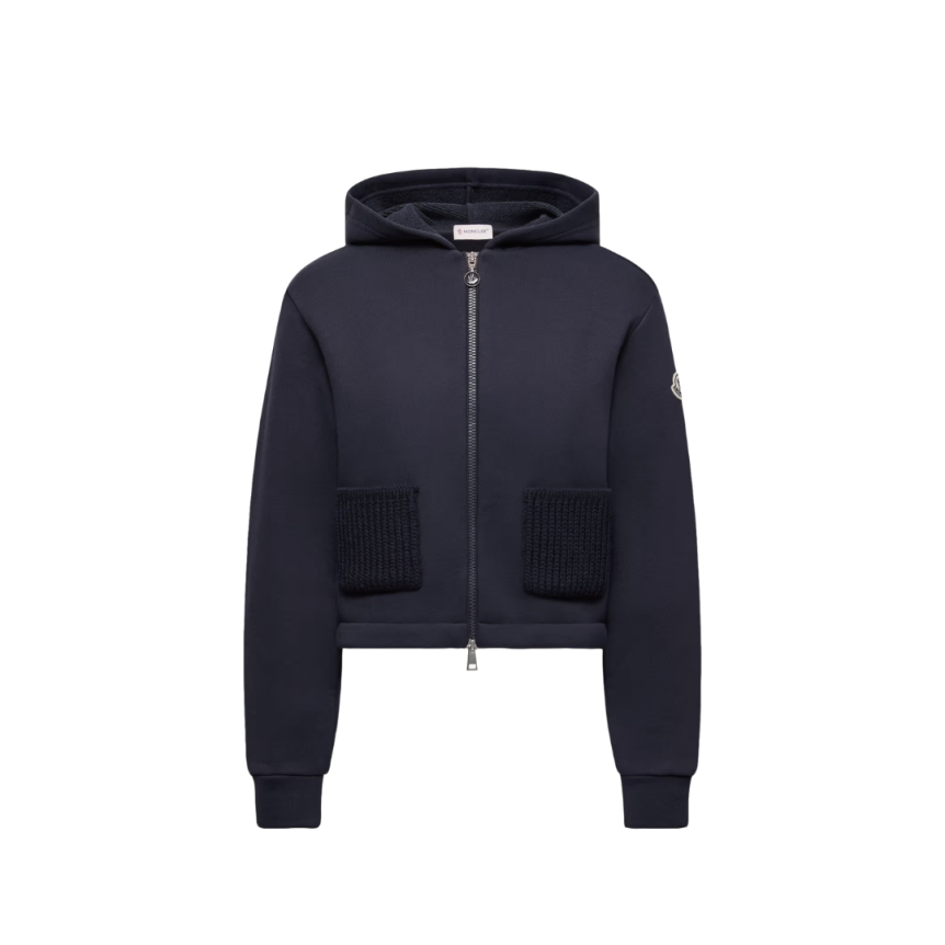 Sweat à capuche zippé MONCLER cardigan coton bleu marine poche maille