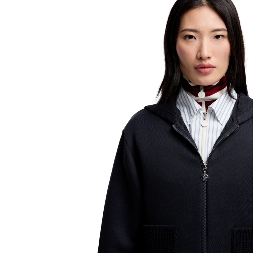 Sweat à capuche zippé MONCLER cardigan coton bleu marine poche maille
