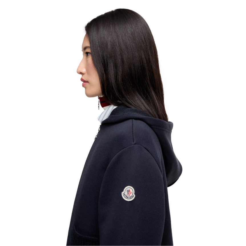 Sweat à capuche zippé MONCLER cardigan coton bleu marine poche maille