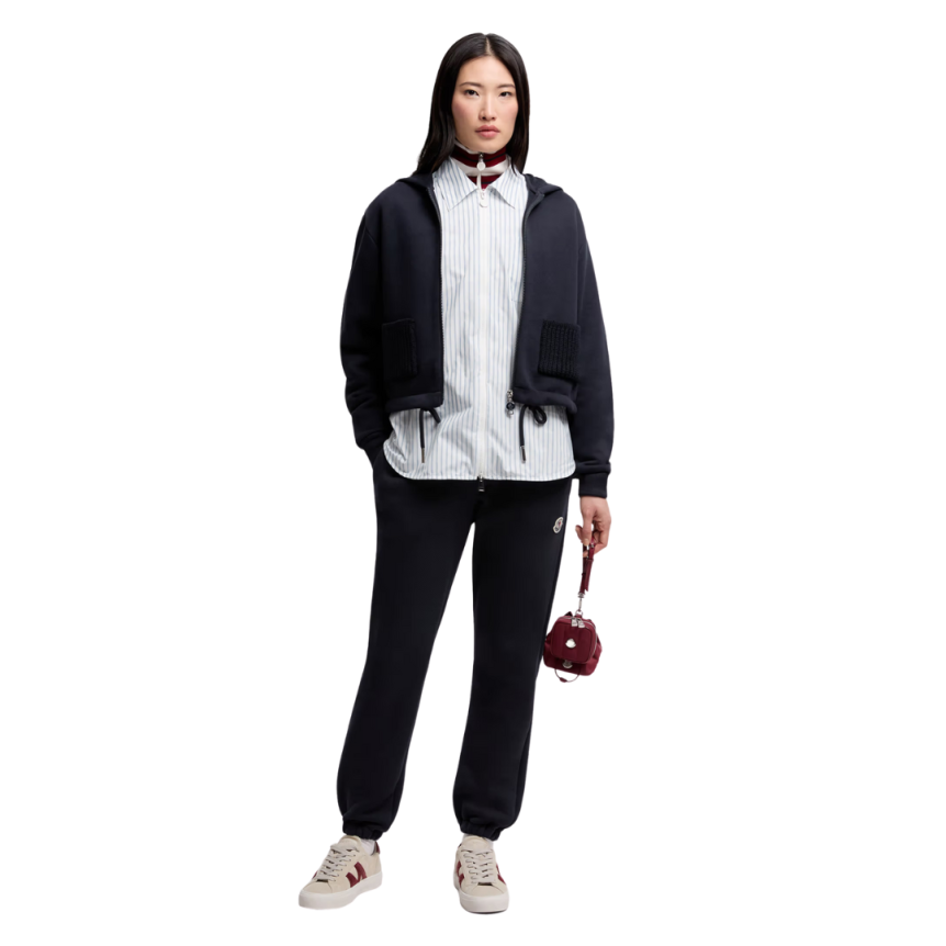 Sweat à capuche zippé MONCLER cardigan coton bleu marine poche maille