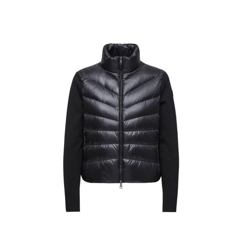 Blouson Cardigan matelassé MONCLER bi matière nylon noir manche laine