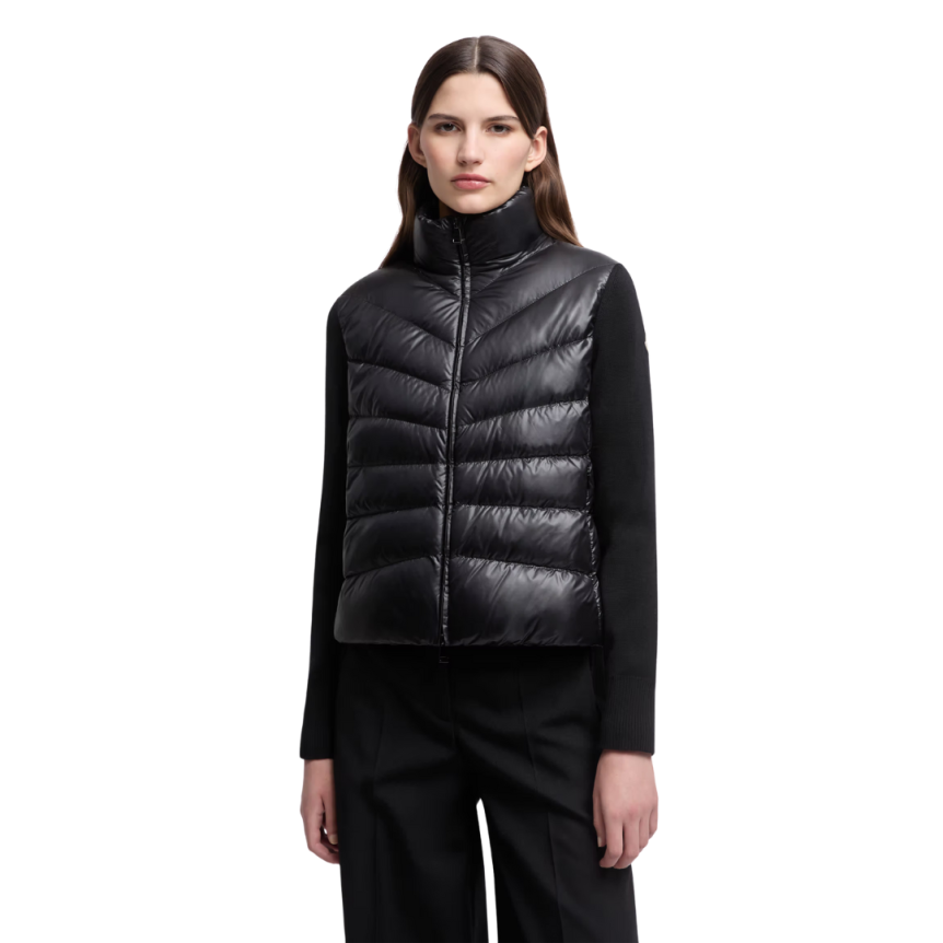 Blouson Cardigan matelassé MONCLER bi matière nylon noir manche laine