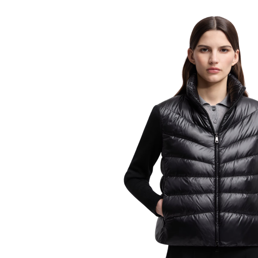 Blouson Cardigan matelassé MONCLER bi matière nylon noir manche laine