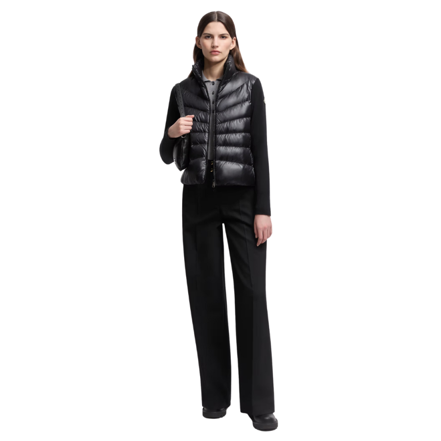 Blouson Cardigan matelassé MONCLER bi matière nylon noir manche laine