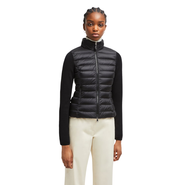 MONCLER Blouson Cardigan matelassé cintré bi matière nylon noir manche dos laine