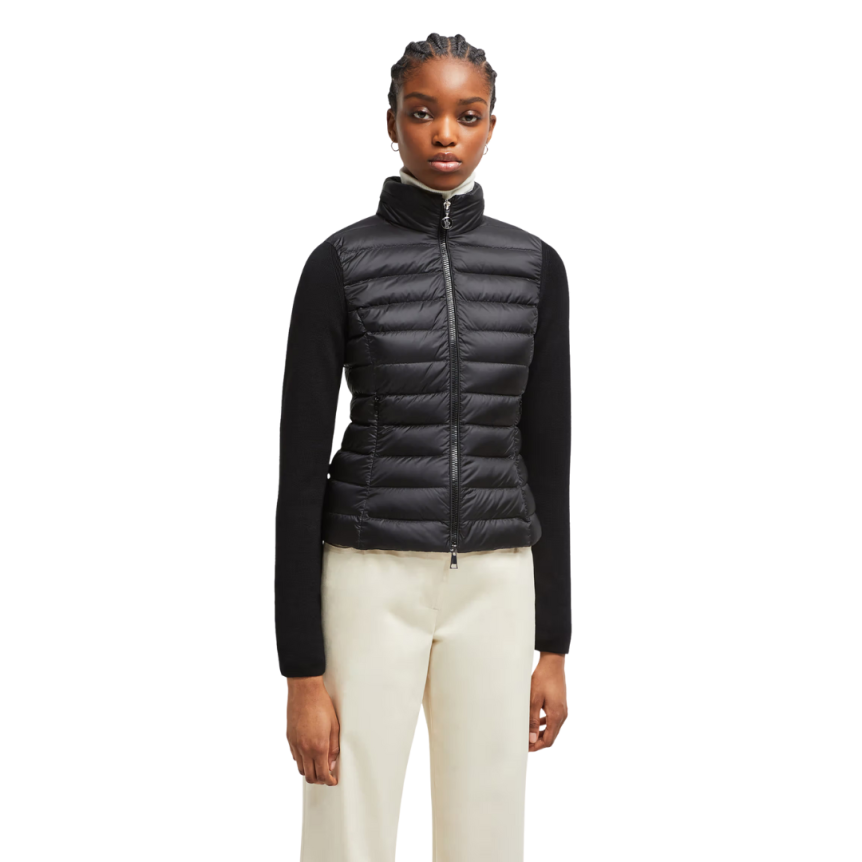 MONCLER Blouson Cardigan matelassé cintré bi matière nylon noir manche dos laine