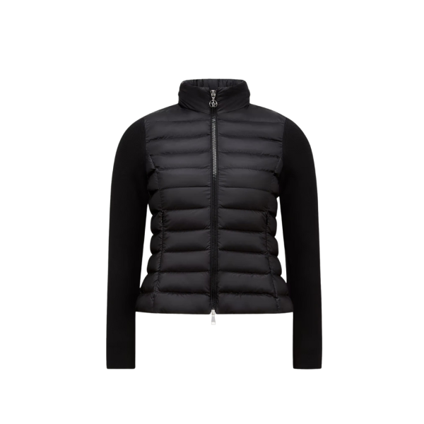 MONCLER Blouson Cardigan matelassé cintré bi matière nylon noir manche dos laine