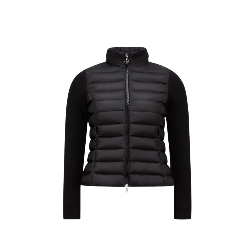 MONCLER Blouson Cardigan matelassé cintré bi matière nylon noir manche dos laine
