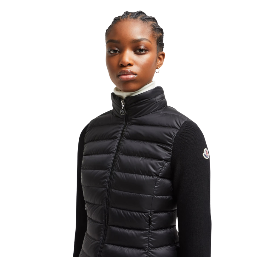MONCLER Blouson Cardigan matelassé cintré bi matière nylon noir manche dos laine