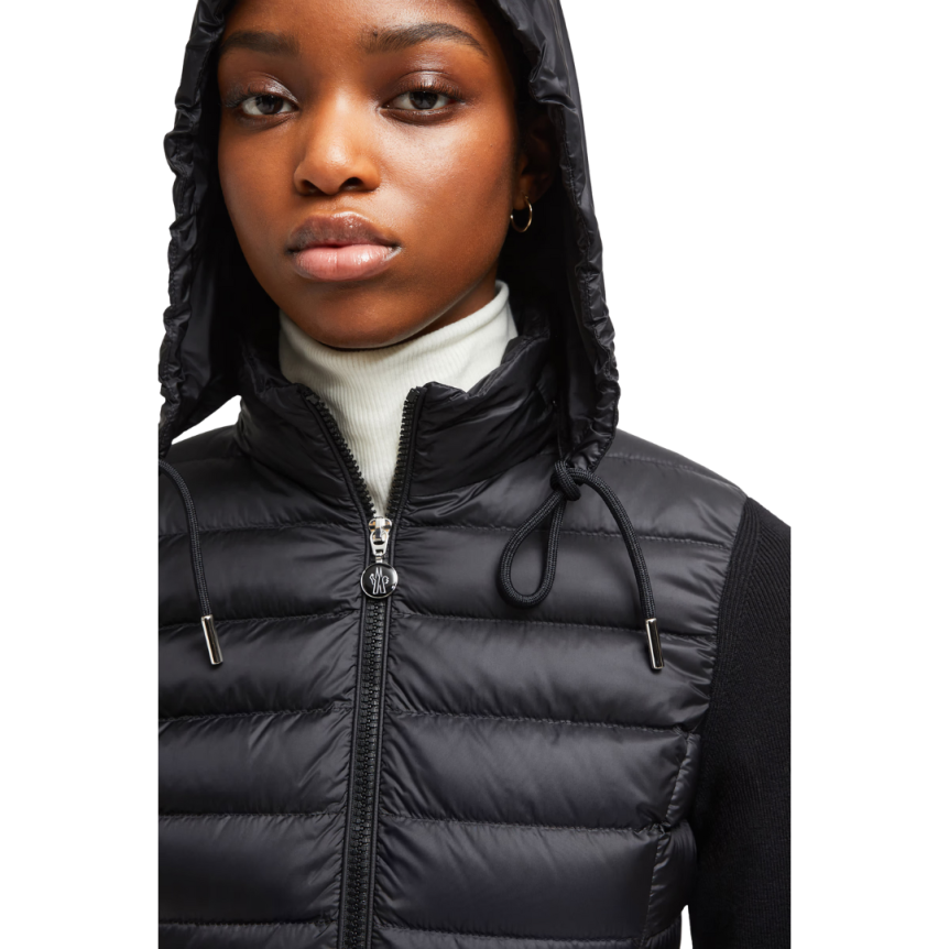 MONCLER Blouson Cardigan matelassé cintré bi matière nylon noir manche dos laine