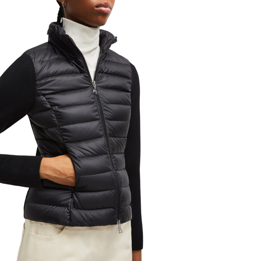 MONCLER Blouson Cardigan matelassé cintré bi matière nylon noir manche dos laine