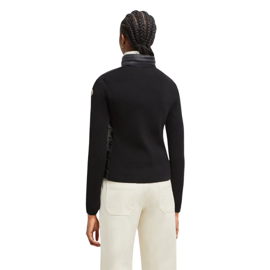 MONCLER Blouson Cardigan matelassé cintré bi matière nylon noir manche dos laine
