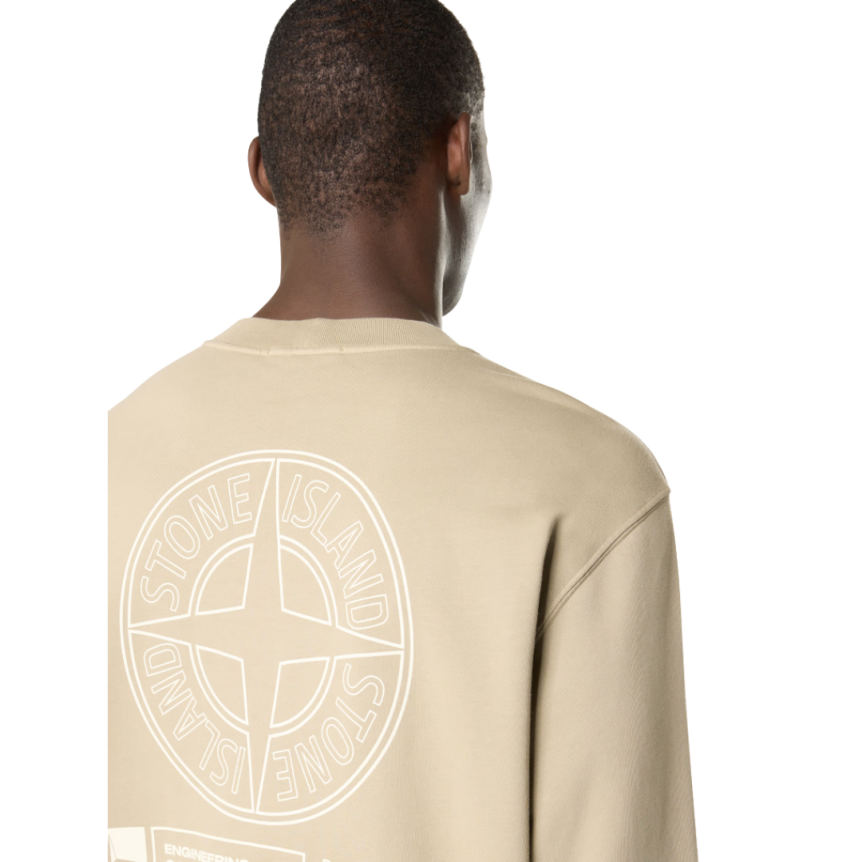 Sweat-shirt col rond manche longue molleton coton beige imprimé Industrial Four Compass