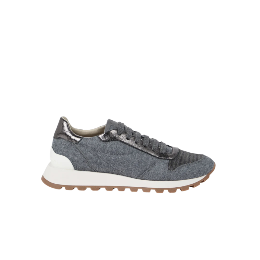 Basket running BRUNELLO CUCINELLI flanelle laine vierge gris bleu cuir veau bout fantaisie
