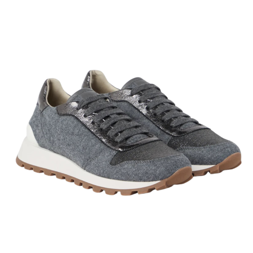 Basket running BRUNELLO CUCINELLI flanelle laine vierge gris bleu cuir veau bout fantaisie