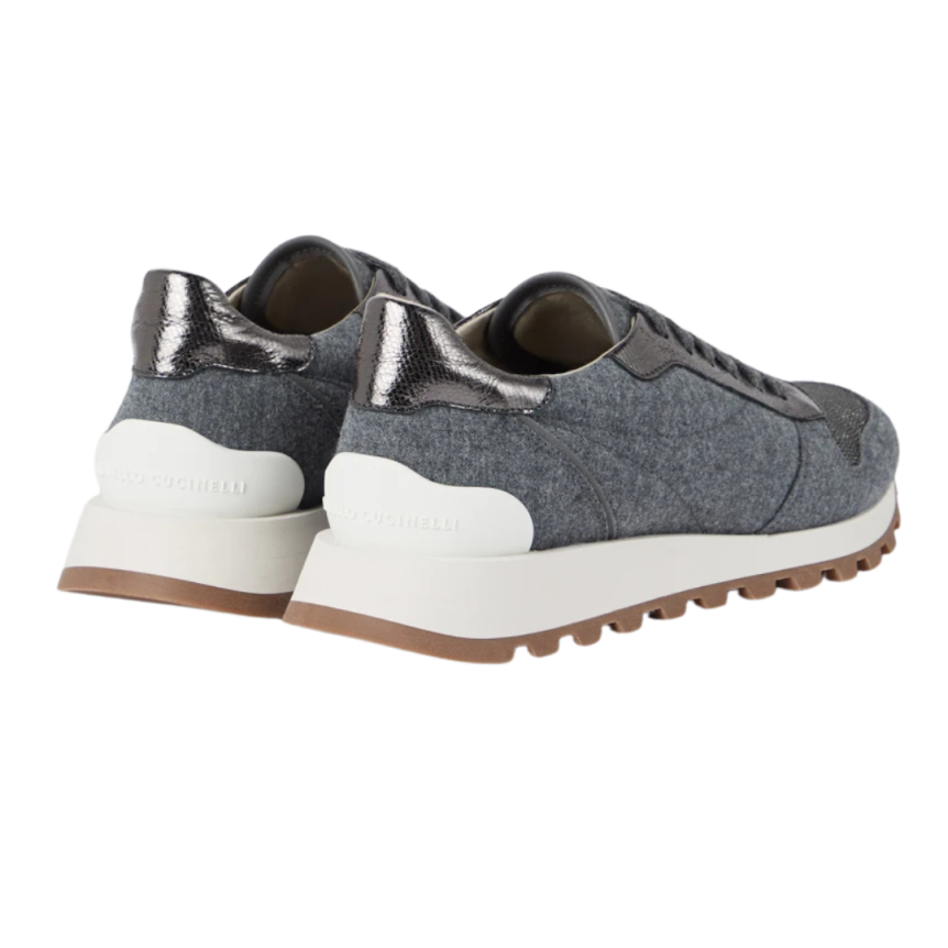 Basket running BRUNELLO CUCINELLI flanelle laine vierge gris bleu cuir veau bout fantaisie