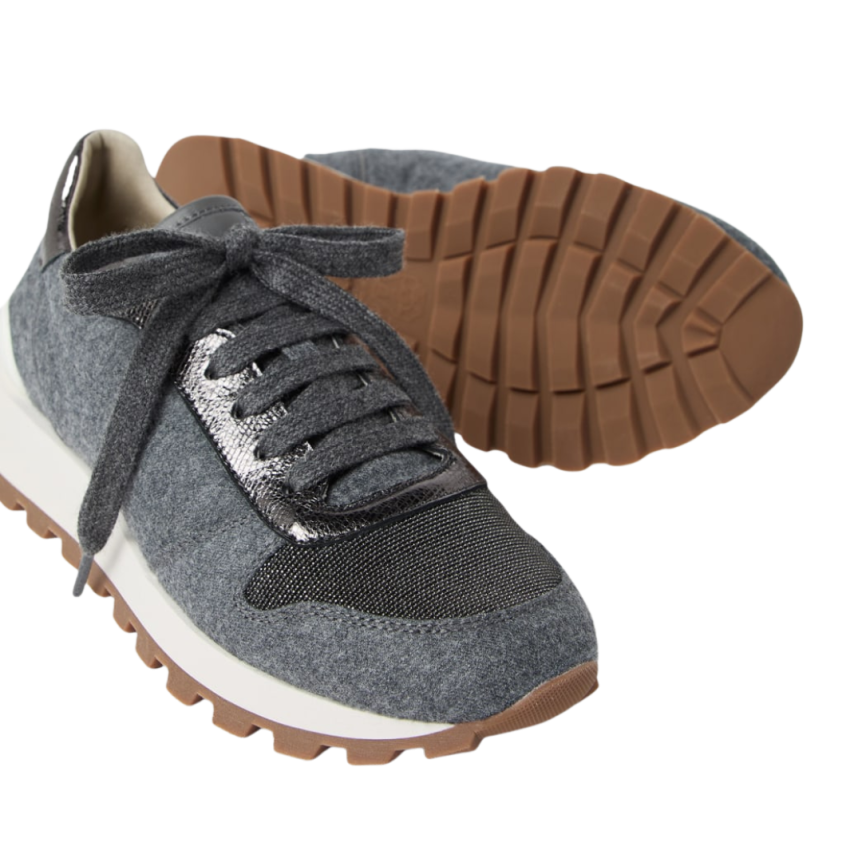 Basket running BRUNELLO CUCINELLI flanelle laine vierge gris bleu cuir veau bout fantaisie