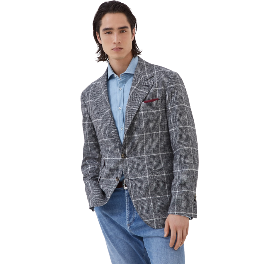 Veste BRUNELLO CUCINELLI Cavallo alpaga laine Prince de Galles gris anthracite