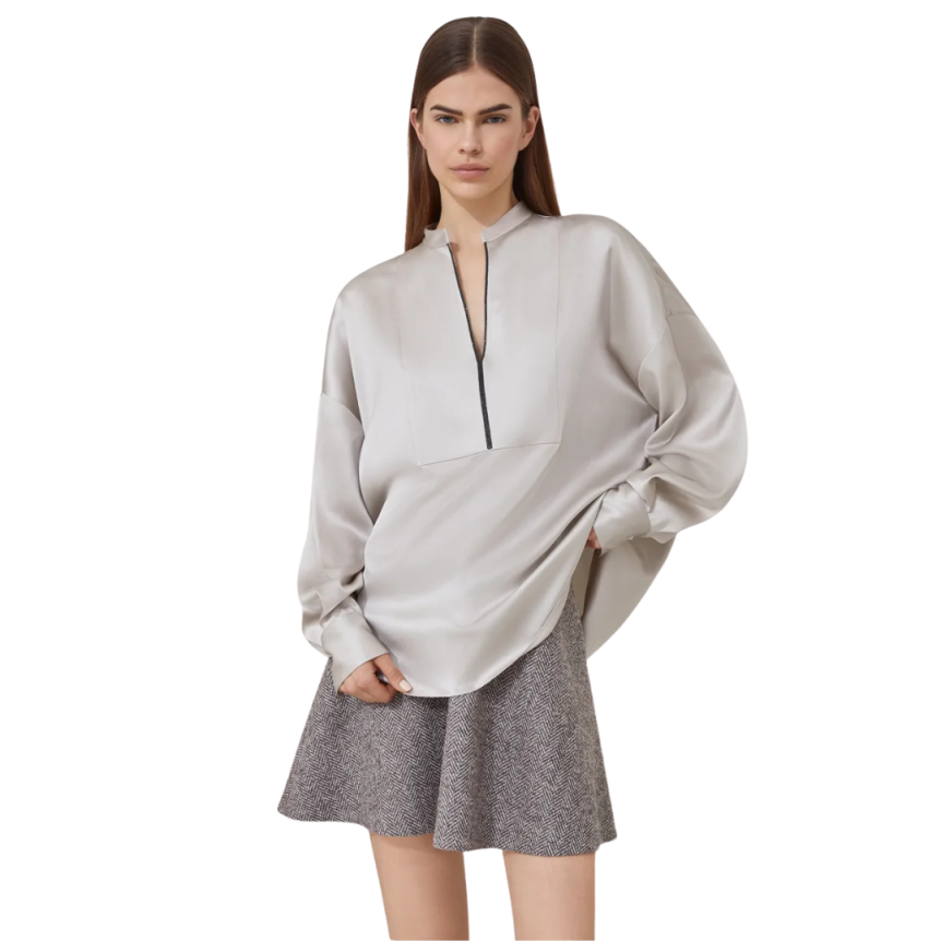 Blouse BRUNELLO CUCINELLI manche ballon soie satin beige plastron v Monile