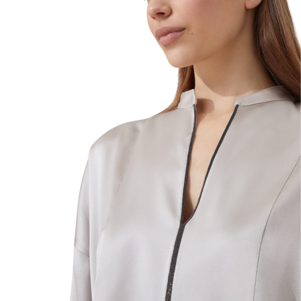 Blouse BRUNELLO CUCINELLI manche ballon soie satin beige plastron v Monile