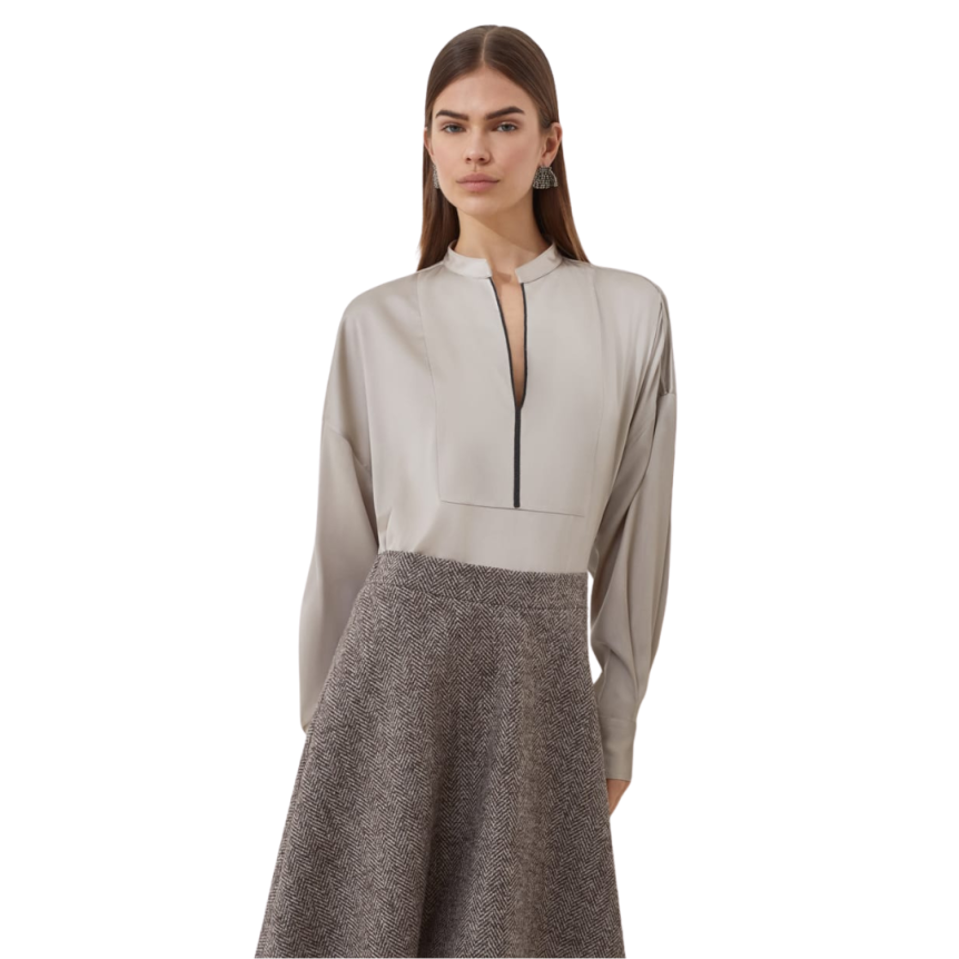 Blouse BRUNELLO CUCINELLI manche ballon soie satin beige plastron v Monile
