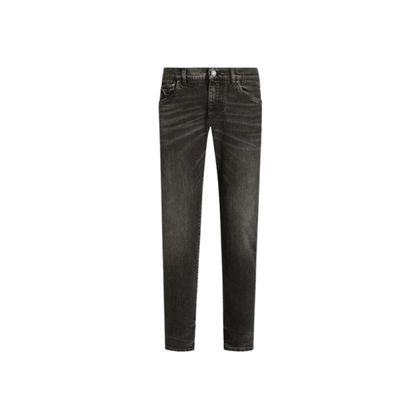 Jean slim DOLCE & GABBANA coton stretch noir délavé logo plaque métal