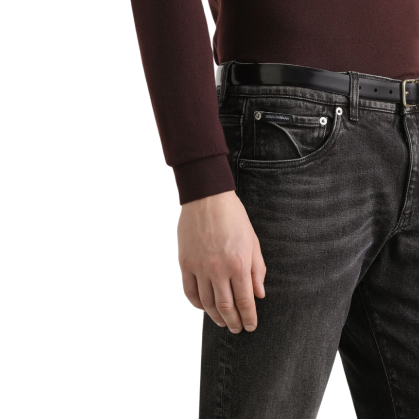 Jean slim DOLCE & GABBANA coton stretch noir délavé logo plaque métal