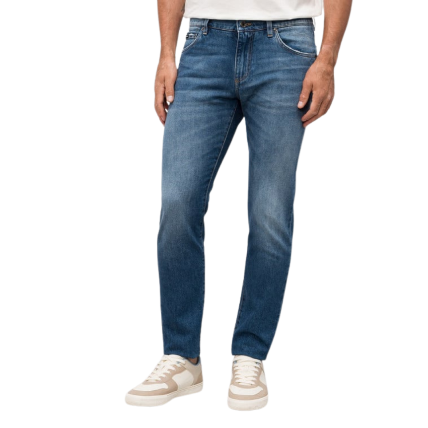 Jean slim DOLCE & GABBANA coton stretch bleu délavé logo plaque métal