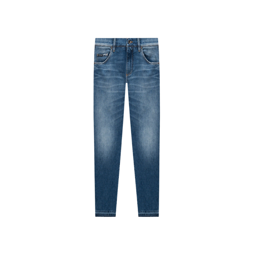 Jean slim DOLCE & GABBANA coton stretch bleu délavé logo plaque métal