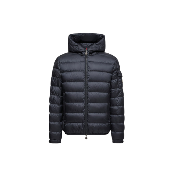 Doudoune courte à capuche MONCLER Najan nylon bleu marine logo embossé