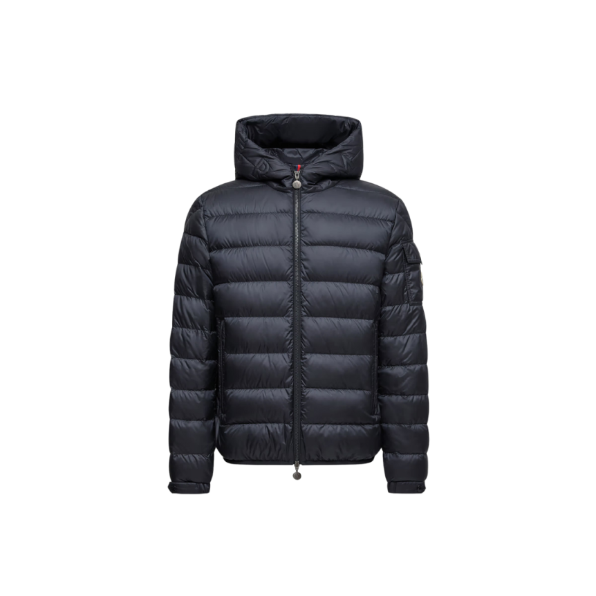 Doudoune courte à capuche MONCLER Najan nylon bleu marine logo embossé