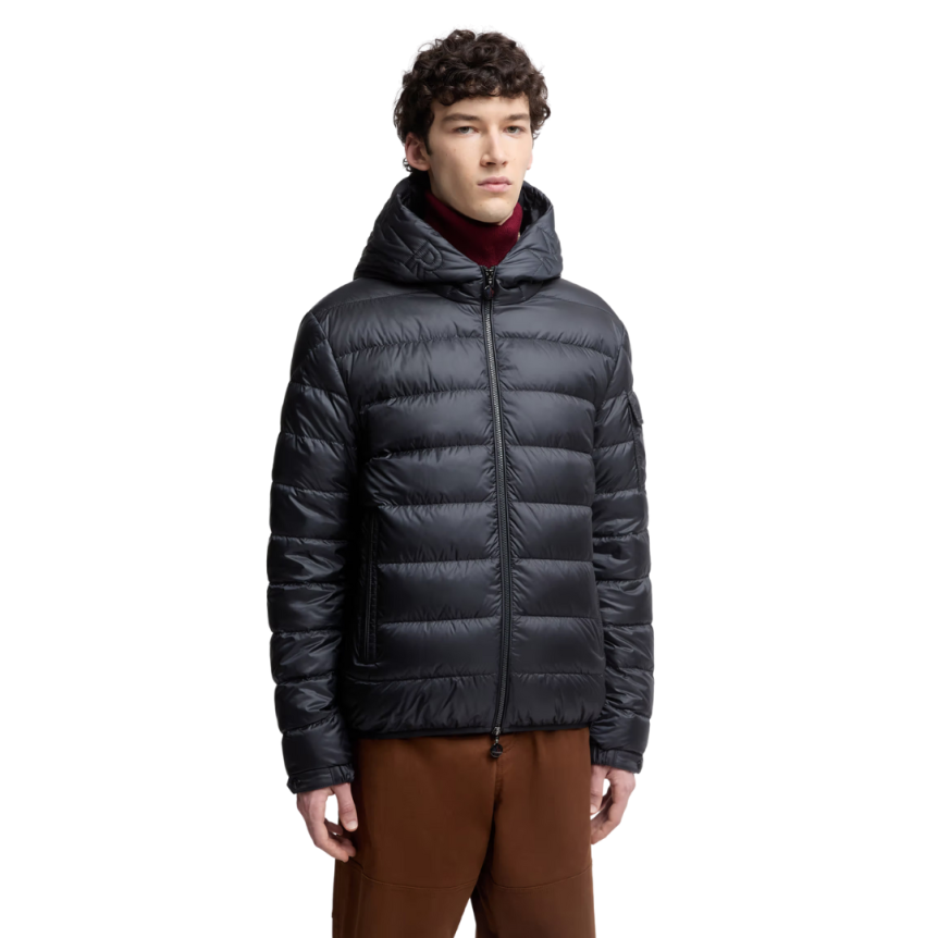 Doudoune courte à capuche MONCLER Najan nylon bleu marine logo embossé