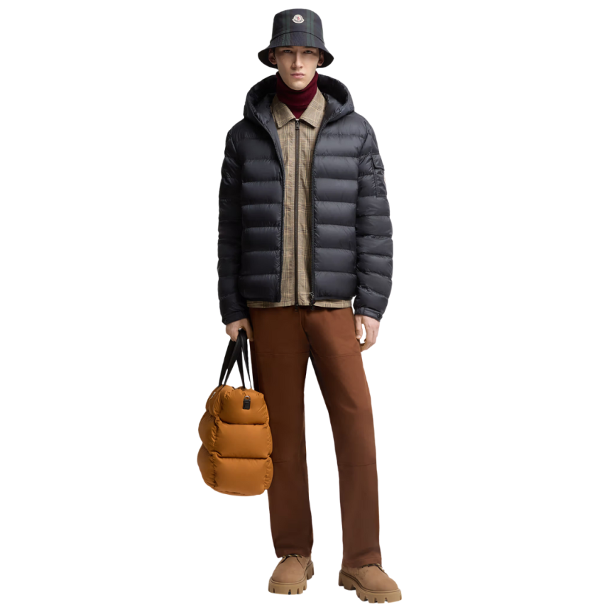 Doudoune courte à capuche MONCLER Najan nylon bleu marine logo embossé