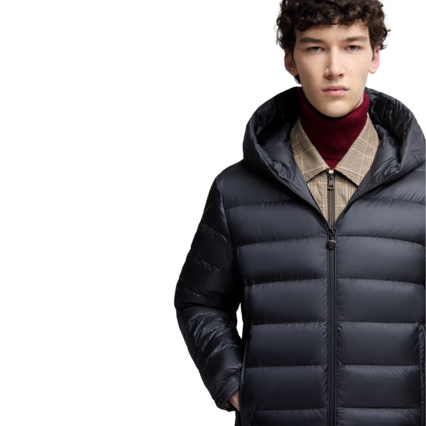 Doudoune courte à capuche MONCLER Najan nylon bleu marine logo embossé