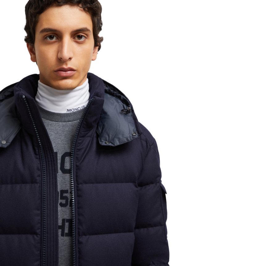 Doudoune MONCLER Montgenevre capuche laine vierge flanelle bleu marine