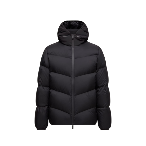 Doudoune courte MONCLER Forez nylon noir mat capuche amovible logo embossé
