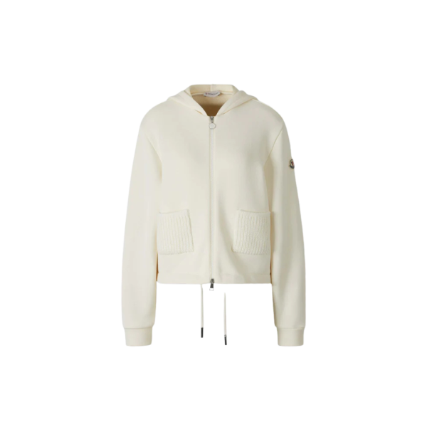 Sweat à capuche zippé MONCLER cardigan coton écru poche maille