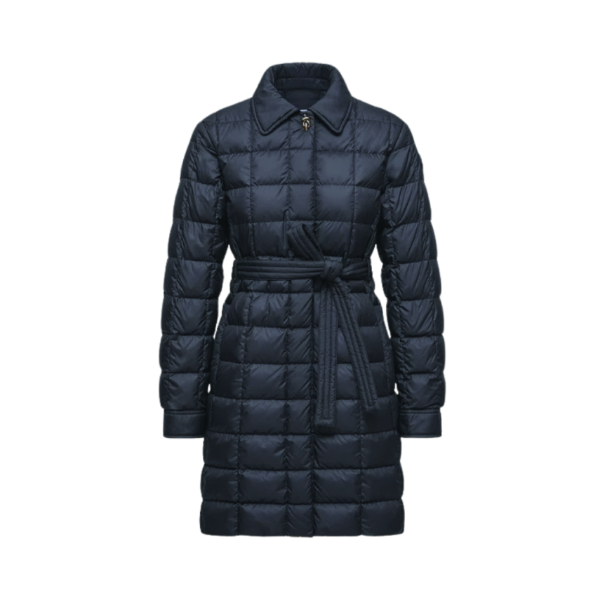 Doudoune longue manteau ceinture MONCLER Gresillon nylon matelassé carré bleu marine