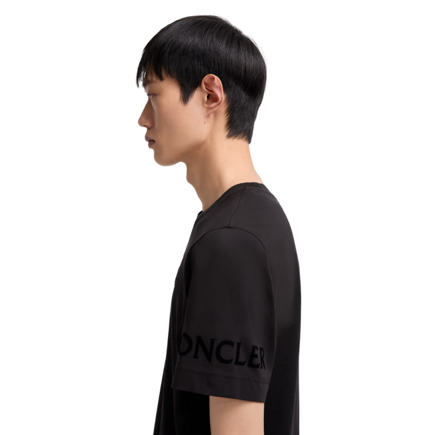T-shirt col rond coton noir logo mat velours manche