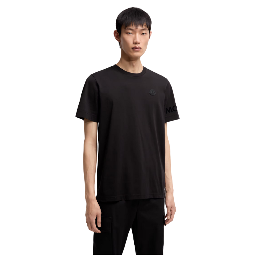 T-shirt col rond coton noir logo mat velours manche