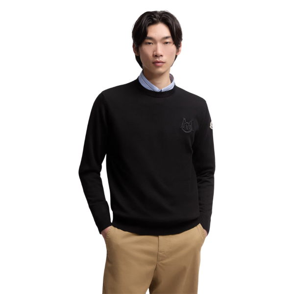 Pull col rond MONCLER coton noir broderie monogramme